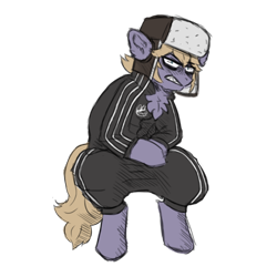 Size: 1000x1000 | Tagged: safe, artist:sorajona, oc, oc only, oc:jagoda, pony, 2021 community collab, derpibooru community collaboration, grumpy, simple background, slav, slavic, solo, squatting, tracksuit, transparent background