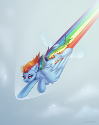 Size: 2776x3508 | Tagged: safe, artist:jennyberry, rainbow dash, pegasus, pony, g4, female, flying, high res, mare, rainbow power, rainbow trail, solo, sound barrier, wing fluff