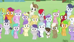 Size: 1280x720 | Tagged: safe, artist:punzil504, artist:the-mystery-of-doom, edit, edited screencap, screencap, alula, apple bloom, apple squash, aquamarine, archer (g4), aura (g4), babs seed, bee bop, boysenberry, button mash, cotton cloudy, cyan skies, diamond tiara, dinky hooves, featherweight, firelock, first base, gallop j. fry, lemon daze, lickety split, little red, liza doolots, mango dash, noi, peach fuzz, peachy pie, petunia, pipsqueak, piña colada, pluto, rainy feather, red june, ruby pinch, rumble, scootablue, scootaloo, shady daze, silver spoon, snails, snips, strike, sun glimmer, sunny daze, super funk, sweet pop, sweet tooth, sweetie belle, tootsie flute, tornado bolt, train tracks (g4), truffle shuffle, zippoorwhill, earth pony, pegasus, pony, unicorn, g4, twilight time, :o, animated, apple family member, colt, cutie mark crusaders, female, filly, foal, group photo, group shot, looking at you, male, open mouth, song, song reference, sound, webm