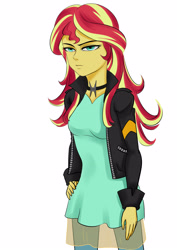 Size: 2894x4093 | Tagged: safe, artist:啊来来来来, sunset shimmer, equestria girls, g4, clothes, jacket, looking at you, simple background, solo, sunset shimmer is not amused, unamused, white background