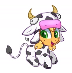 Size: 1402x1422 | Tagged: safe, artist:handgunboi, applejack, cow, earth pony, pony, g4, clothes, costume, cow costume, cow girl, cute, female, jackabetes, mare, simple background, white background