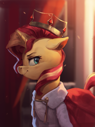 Size: 1324x1777 | Tagged: safe, artist:vanillaghosties, sunset shimmer, pony, unicorn, g4, attack on titan, crepuscular rays, crossover, crown, digital art, female, historia reiss, jewelry, looking back, mare, profile, queen, regalia, smiling, solo