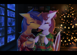 Size: 3764x2700 | Tagged: safe, artist:taleriko, oc, oc only, oc:jade jump, oc:lunar spice, bat pony, unicorn, semi-anthro, arm hooves, chocolate, christmas, christmas lights, christmas sweater, christmas tree, clothes, couple, food, high res, holiday, hot chocolate, jadespice, letterboxing, lights, mug, new year, shipping, sweater, tree, window, winter