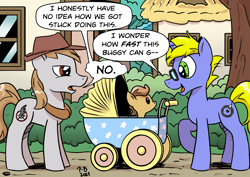 Size: 2923x2067 | Tagged: safe, artist:pony-berserker, oc, oc only, oc:final drive, oc:longhaul, earth pony, pony, unicorn, baby, baby pony, dialogue, generic pony, high res, open mouth, ponyville, speech bubble, stroller, tree, trio