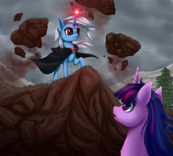 Size: 3000x2700 | Tagged: safe, artist:palibrik, trixie, twilight sparkle, pony, unicorn, g4, magic duel, alicorn amulet, duo, female, high res, looking at each other, magic, mare, telekinesis
