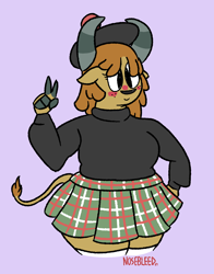 Size: 1220x1555 | Tagged: oc name needed, safe, artist:nosebleed, oc, oc only, yak, anthro, blushing, clothes, ginger, kilt, kneesocks, original character do not steal, socks, solo, stockings, sweater, tartan, thick, thigh highs, thighs, tights, turtleneck