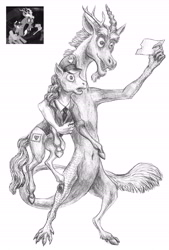Size: 4429x6543 | Tagged: safe, artist:mirdal, discord, parcel post, post haste, draconequus, earth pony, pony, g4, duo, grayscale, mail, mailpony, male, monochrome, pencil drawing, postman's hat, scene interpretation, screencap reference, stallion, traditional art