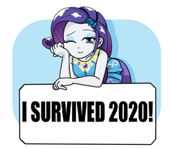 Size: 740x640 | Tagged: safe, artist:batipin, edit, rarity, equestria girls, equestria girls series, g4, 2020, breasts, clothes, dress, exclamation point, eyebrows, eyelashes, eyeshadow, female, gem, gemstones, geode of shielding, hairpin, i survived 2020, impact font, jewelry, looking at you, magical geodes, makeup, meme, one eye closed, pearl, rarity peplum dress, skirt, solo, symbol, text, text edit, wink, year
