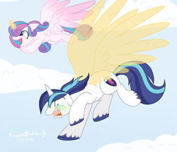 Size: 1280x1098 | Tagged: dead source, safe, artist:princessesmeraldaofficial, princess flurry heart, shining armor, alicorn, pony, unicorn, g4, airsick armor, artificial wings, augmented, father and child, father and daughter, female, filly, flying, foal, glowing horn, green face, horn, looking down, magic, magic wings, male, nauseous, open mouth, scared, smiling, stallion, unshorn fetlocks, wings