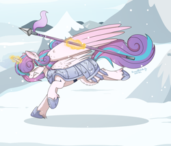Size: 3500x3000 | Tagged: safe, artist:princessesmeraldaofficial, princess flurry heart, alicorn, pony, g4, armor, bags under eyes, female, glowing horn, high res, hoof shoes, horn, magic, mare, mountain, older, older flurry heart, outdoors, running, snow, solo, spear, telekinesis, warrior flurry heart, weapon