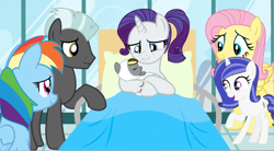 Size: 1116x617 | Tagged: safe, artist:crystalrainbowlife, fluttershy, rainbow dash, rarity, thunderlane, oc, oc:starry sky, oc:sun pearl, pony, g4, baby, baby pony, base used, bed, female, half-siblings, hospital bed, male, offspring, parent:fancypants, parent:rarity, parent:thunderlane, parents:rarilane, parents:raripants, ship:rarilane, shipping, straight