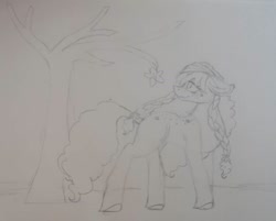 Size: 1080x870 | Tagged: safe, artist:rxndxm.artist, oc, oc only, earth pony, pony, braid, earth pony oc, lineart, looking back, monochrome, outdoors, smiling, solo, traditional art, tree