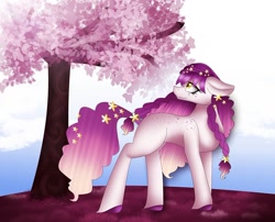 Size: 1080x871 | Tagged: safe, alternate version, artist:rxndxm.artist, oc, oc only, earth pony, pony, braid, colored, earth pony oc, looking back, outdoors, smiling, solo, tree