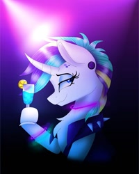Size: 1080x1350 | Tagged: safe, artist:rxndxm.artist, rarity, pony, unicorn, g4, alternate hairstyle, bedroom eyes, bracelet, bust, chest fluff, clothes, cocktail, curved horn, eyelashes, female, glowstick, hoof hold, horn, jewelry, makeup, mare, necklace, punk, raripunk, smiling, solo