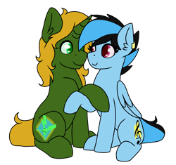 Size: 2480x2328 | Tagged: safe, artist:sevenserenity, oc, oc only, oc:dravakiirm, oc:icylightning, pegasus, pony, unicorn, 2021 community collab, derpibooru community collaboration, boop, couple, duo, ear piercing, earring, high res, holding hooves, jewelry, looking at each other, male, noseboop, piercing, simple background, sitting, stallion, transparent background