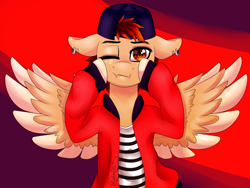 Size: 1600x1200 | Tagged: safe, artist:minelvi, oc, oc only, pegasus, semi-anthro, abstract background, arm hooves, backwards ballcap, baseball cap, bust, cap, cheek squish, clothes, ear piercing, earring, hat, jewelry, makeup, one eye closed, pegasus oc, piercing, solo, spread wings, squishy cheeks, two toned wings, wings, wink