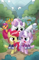 Size: 1102x1686 | Tagged: safe, artist:agnesgarbowska, idw, apple bloom, diamond tiara, scootaloo, silver spoon, snails, snips, sweetie belle, earth pony, pony, unicorn, g4, spoiler:comic, spoiler:comic38, binoculars, comic, cover, cutie mark crusaders, forest, male, mountain