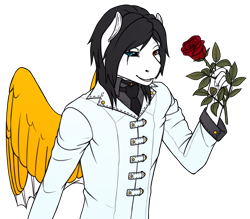 Size: 1167x1024 | Tagged: safe, artist:imreer, oc, oc only, oc:richard, pegasus, anthro, clothes, eye scar, flower, heterochromia, male, pegasus oc, rose, scar, simple background, smiling, solo, transparent background, wings