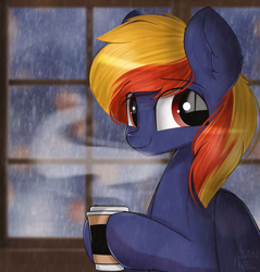 Size: 3647x3812 | Tagged: safe, artist:janelearts, oc, oc only, pegasus, pony, coffee cup, commission, cup, female, high res, mare, present, rain, solo, window