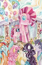 Size: 1098x1686 | Tagged: safe, artist:sara richard, idw, applejack, fluttershy, pinkie pie, rainbow dash, rarity, twilight sparkle, alicorn, pony, g4, spoiler:comic, spoiler:comic51, spoiler:comic52, balloon, cassandra (mythology), clothes, cover, faic, greek, greek clothes, greek mythology, laocoon, mane six, no logo, reference, textless, the iliad, toga, toga party, trojan horse, trojan pinkie, trojan pony, tunic, twilight sparkle (alicorn)