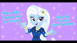 Size: 1280x720 | Tagged: safe, ai assisted, ai content, artist:rileyav, edit, editor:grapefruitface, fifteen.ai, trixie, equestria girls, g4, aivo, bracelet, clothes, dress, jewelry, looking at you, meme, my little pogchamp, pogchamp, sound, talking to viewer, webm