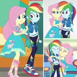 Size: 426x428 | Tagged: safe, edit, screencap, fluttershy, rainbow dash, dashing through the mall, equestria girls, equestria girls series, g4, holidays unwrapped, rollercoaster of friendship, spoiler:eqg series (season 2), arm in arm, collage, converse, duo, female, geode of fauna, geode of super speed, holding arms, hug, lesbian, magical geodes, ship:flutterdash, shipping, shipping fuel, shoes