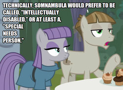 Size: 678x500 | Tagged: safe, maud pie, mudbriar, earth pony, pony, g4, clothes, cupcake, dress, food, impact font, implied somnambula, op is a duck, op is on drugs