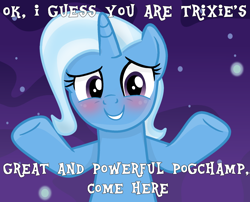 Size: 1500x1213 | Tagged: safe, alternate version, artist:grapefruitface1, trixie, pony, unicorn, g4, awkward smile, base used, blushing, female, happy, incoming hug, looking at you, mare, meme, my little pogchamp, open arms, pogchamp, raised hoof, show accurate, smiling, solo, space background
