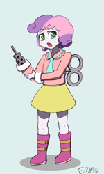 Size: 600x1000 | Tagged: safe, artist:empyu, sweetie belle, robot, equestria girls, g4, 30 minute art challenge, arm cannon, clothes, nichijou, open mouth, skirt, solo, sweetie bot, wind up key