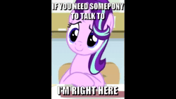Size: 1280x720 | Tagged: safe, ai assisted, ai content, artist:keronianniroro, edit, edited screencap, fifteen.ai, screencap, starlight glimmer, pony, unicorn, a horse shoe-in, g4, aivo, animated, caption, chair, cute, glimmerbetes, image macro, meme, smiling, solo, sound, text, webm