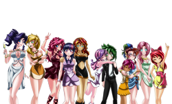 Size: 4000x2408 | Tagged: safe, alternate version, artist:mauroz, apple bloom, applejack, fluttershy, pinkie pie, rainbow dash, rarity, scootaloo, spike, sunset shimmer, sweetie belle, twilight sparkle, human, g4, absurd file size, anime, belly button, breasts, busty applejack, busty fluttershy, busty pinkie pie, busty rarity, busty sunset shimmer, busty twilight sparkle, cleavage, clothes, cutie mark crusaders, dress, female, humanized, male, mane seven, mane six, midriff, ship:spikebelle, shipping, side slit, simple background, straight, suit, transparent background
