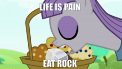 Size: 1920x1080 | Tagged: safe, ai assisted, ai content, edit, edited screencap, fifteen.ai, screencap, maud pie, earth pony, pony, g4, maud pie (episode), aivo, animated, basket, eyes closed, female, food, mare, meme, muffin, open mouth, picnic basket, rock, solo, sound, sound only, that pony sure does love rocks, webm