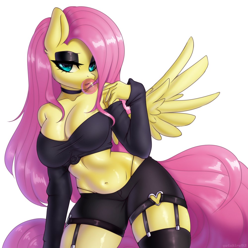 2523878 - suggestive, artist:yutakira92, fluttershy, pegasus, anthro, g4,  belly button, big titty goth gf, breasts, bubblegum, busty fluttershy,  cleavage, clothes, eyeshadow, female, fluttergoth, food, garter belt,  garters, goth, gum, makeup, panties ...