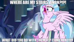 Size: 1280x720 | Tagged: safe, edit, edited screencap, screencap, silverstream, classical hippogriff, hippogriff, g4, what lies beneath, angry, beak, caption, cute, diastreamies, discovery family logo, do not want, faic, image macro, imminent punishment, implied anon, open beak, open mouth, rage, silverrage, solo, stairs, text, that hippogriff sure does love stairs, this will end in pain