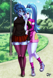 Size: 688x1000 | Tagged: safe, artist:jadenkaiba, sonata dusk, oc, oc:moonlight, equestria girls, g4, blushing, canon x oc, close together, clothes, commission, converse, duo, fanfic art, female, glasses, lesbian, looking at each other, park, shoes, smiling, socks, taco dress, thigh highs, thigh socks, watermark