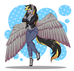 Size: 3500x3401 | Tagged: safe, artist:jack-pie, oc, oc only, pegasus, anthro, plantigrade anthro, belly button, breasts, cleavage, clothes, commission, feet, female, high res, jeans, jewelry, lipstick, looking at you, mare, midriff, nail polish, nose piercing, open-toed shoes, pants, pegasus oc, piercing, sandals, simple background, solo, toe ring, toenail polish, toes, transparent background, wings