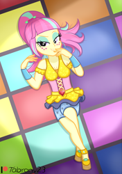Size: 1215x1729 | Tagged: safe, artist:tabrony23, sour sweet, equestria girls, equestria girls specials, g4, my little pony equestria girls: better together, my little pony equestria girls: dance magic, beautiful, bedroom eyes, breasts, busty sour sweet, cleavage, clothes, cute, disco dress, female, looking at you, lying down, patreon, patreon logo, seductive, sexy, shoes, show accurate, solo, stupid sexy sour sweet
