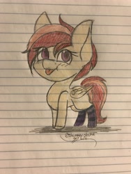 Size: 3024x4032 | Tagged: source needed, safe, artist:shimmer strike, oc, oc only, oc:sunrise flair, pegasus, pony, big ears, female, lined paper, mare, solo, standing, tongue out, traditional art