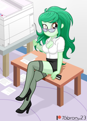 Size: 1312x1827 | Tagged: safe, artist:tabrony23, wallflower blush, equestria girls, g4, beautiful, breasts, busty wallflower blush, cleavage, clothes, costume, cute, female, glasses, high heels, looking at you, microskirt, miniskirt, office lady, paper, patreon, patreon logo, photocopier, secretary, sexy, shoes, show accurate, skirt, socks, solo, stapler, stockings, stupid sexy wallflower blush, thigh highs, thigh socks