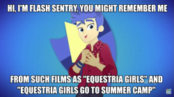 Size: 899x505 | Tagged: safe, edit, edited screencap, screencap, flash sentry, equestria girls, g4, my little pony equestria girls: better together, brad, breaking the fourth wall, caption, discovery family logo, image macro, male, parody, solo, talking to viewer, text, the simpsons, troy mcclure