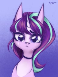 Size: 793x1046 | Tagged: dead source, safe, artist:mysha, starlight glimmer, pony, unicorn, g4, alternate hairstyle, choker, crying, eyebrows, s5 starlight, solo