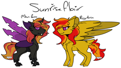 Size: 2156x1224 | Tagged: safe, artist:lamb-shack, oc, oc only, oc:sunrise flair, changeling, pegasus, pony, big ears, female, purple changeling, reference sheet, simple background, solo, transparent background