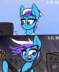 Size: 4500x5500 | Tagged: safe, artist:flywheel, oc, oc only, oc:flywheel, pony, 2 panel comic, absurd resolution, bass guitar, comic, doodle, long hair male, musical instrument, solo