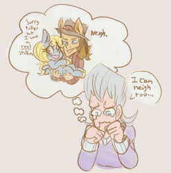 Size: 811x817 | Tagged: safe, artist:mimiporcellini, derpy hooves, human, pegasus, g4, crossover, crossover shipping, hol horse, interspecies, jean pierre polnareff, jojo's bizarre adventure, polnaderp, shipping