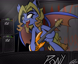 Size: 5500x4500 | Tagged: safe, artist:flywheel, oc, oc:95, bat pony, pony, amplifier, bass guitar, mascot, musical instrument, musician, solo, tongue out