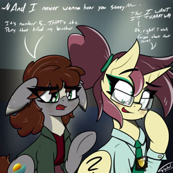 Size: 4500x4500 | Tagged: safe, artist:flywheel, oc, oc only, oc:ambiguity, earth pony, pony, unicorn, absurd resolution, brooklyn nine nine, clothes, crossover, dialogue, duo, eye clipping through hair, femboy, floppy ears, funny, glasses, male, necktie, open mouth, shirt, sitting, smiling