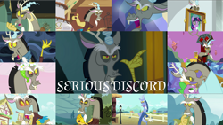 Size: 1954x1100 | Tagged: safe, edit, edited screencap, editor:quoterific, screencap, discord, spike, the lone lampman, twilight sparkle, a matter of principals, discordant harmony, g4, keep calm and flutter on, make new friends but keep discord, the break up breakdown, the return of harmony, three's a crowd, to where and back again, twilight's kingdom, blue flu, captain wuzz, changeling hive, chaos, discord's throne, discorded landscape, glowing eyes