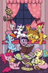 Size: 1273x1920 | Tagged: safe, artist:katie cook, idw, official comic, apple bloom, applejack, fluttershy, pinkie pie, rainbow dash, rarity, scootaloo, spike, sweetie belle, twilight sparkle, earth pony, pegasus, pony, unicorn, g4, spoiler:comic, age regression, balloon, blushing, cover, cutie mark crusaders, diaper, egg, female, filly, katie does it again, mane six, muppet babies, no logo, pinkie being pinkie, ponies riding ponies, retailer incentive, riding, spike's egg, textless, younger