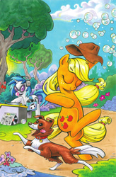 Size: 2066x3144 | Tagged: safe, artist:andypriceart, idw, applejack, dj pon-3, vinyl scratch, winona, dog, earth pony, pony, unicorn, g4, bubble, cover, dancing, female, high res, mare