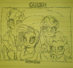 Size: 2226x2065 | Tagged: safe, artist:paulli, applejack, pinkie pie, rainbow dash, rarity, pony, g4, brian may, clothes, freddie mercury, high res, john deacon, lined paper, photo, ponified, ponified album cover, queen (band), roger taylor, shirt, sleeveless, sleeveless shirt, song cover, traditional art